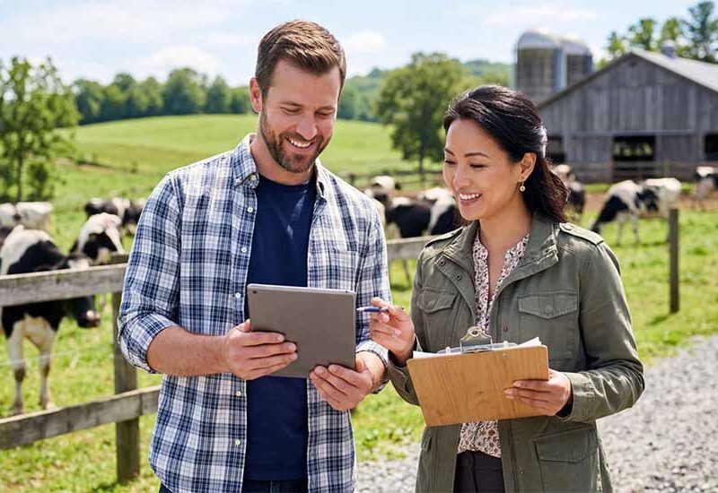 Two people reviewing tablet on farm.