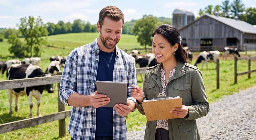 Two people reviewing tablet on farm.