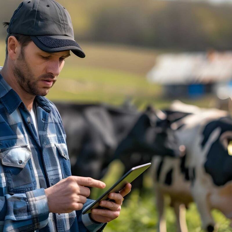 Farmer managing cow herd on a device